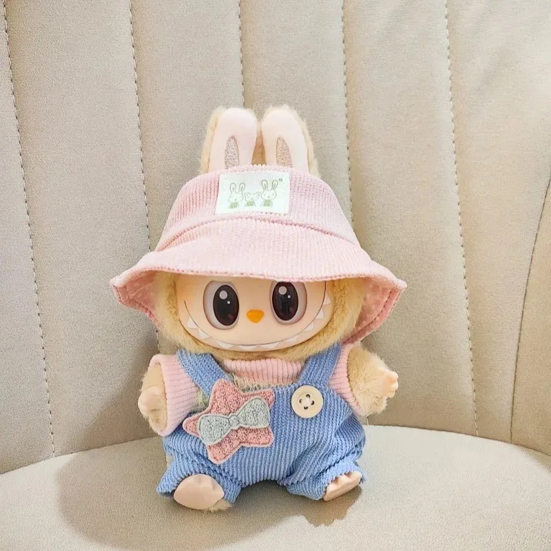 Pastel Relaxation Costume for Labubu Figurine – Pink Bucket Hat & Bow Dungarees Edition
