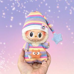 Labubu Rainbow Star Pyjama Outfit (17 cm Doll Clothes) – Pastel Striped Sleepwear Set