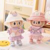 Labubu dressed in pastel outfit with bucket hat and camera charm (17 cm compatible)