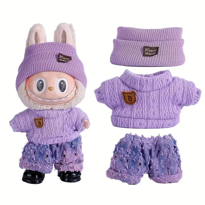 Labubu Clothes Set – 3-Piece Purple Knit & Denim Outfit